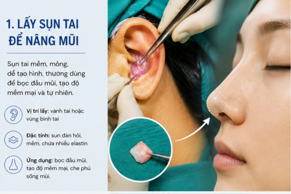 Sụn tai mềm thường dùng để bọc đầu mũi Dùng sụn tai nâng mũi